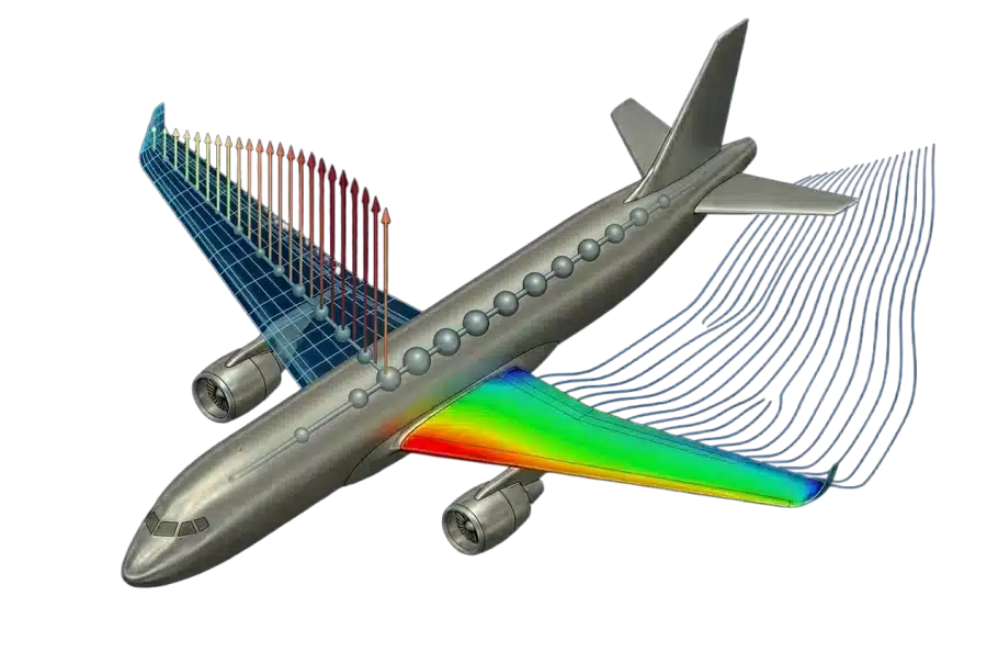 Aircraft loads and aeroelasticity analysis — VLM panel mesh, lift distribution vectors and Cp pressure field