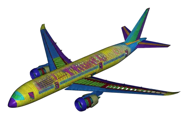 Full aircraft global finite element model — element groups colour coded by structural component